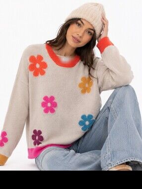 Easel ($135) Floral Knit Sweater Colorblock Trim Oversized Cozy Pullover Boho